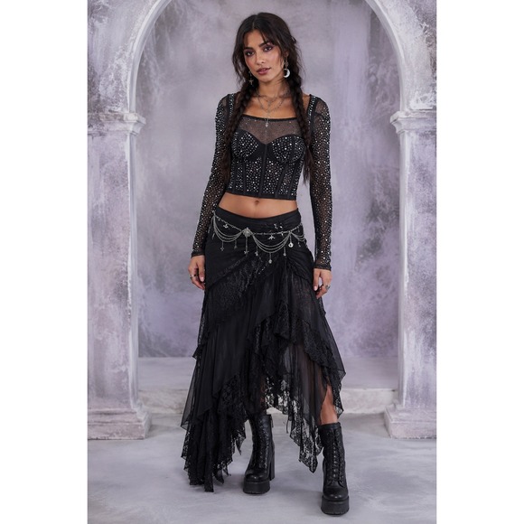 Top Chic Tops - Whimsigoth Fairygrunge Punk Rock Black Mesh Rhinestones Soft Corset Crop S Top